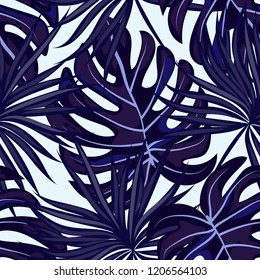 Tropical seamless pattern with leaves. Beautiful tropical isolated leaves. Fashionable summer background with leaves for fabric, wallpaper, paper, covers.