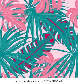 Tropical seamless pattern with leaves. Beautiful tropical isolated leaves. Fashionable summer background with leaves for fabric, wallpaper, paper, covers.