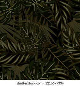 Tropical seamless pattern with leaves. Beautiful tropical isolated leaves. Fashionable summer background with leaves for fabric, wallpaper, paper, covers.