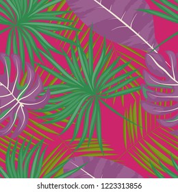 Tropical seamless pattern with leaves. Beautiful tropical isolated leaves. Fashionable summer background with leaves for fabric, wallpaper, paper, covers.