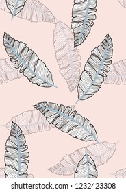 Tropical seamless pattern with leaves. Beautiful tropical isolated leaves. Fashionable summer background with leaves for fabric, wallpaper, paper, covers.