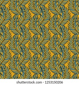 Tropical seamless pattern with leaves. Beautiful tropical isolated leaves. Fashionable summer background with leaves for fabric, wallpaper, paper, covers.