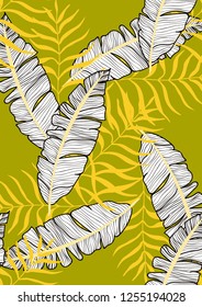 Tropical seamless pattern with leaves. Beautiful tropical isolated leaves. Fashionable summer background with leaves for fabric, wallpaper, paper, covers.