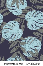 Tropical seamless pattern with leaves. Beautiful tropical isolated leaves. Fashionable summer background with leaves for fabric, wallpaper, paper, covers.