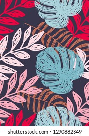 Tropical seamless pattern with leaves. Beautiful tropical isolated leaves. Fashionable summer background with leaves for fabric, wallpaper, paper, covers.