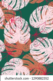Tropical seamless pattern with leaves. Beautiful tropical isolated leaves. Fashionable summer background with leaves for fabric, wallpaper, paper, covers.