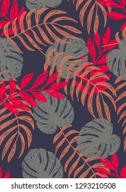 Tropical seamless pattern with leaves. Beautiful tropical isolated leaves. Fashionable summer background with leaves for fabric, wallpaper, paper, covers.