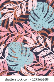 Tropical seamless pattern with leaves. Beautiful tropical isolated leaves. Fashionable summer background with leaves for fabric, wallpaper, paper, covers.