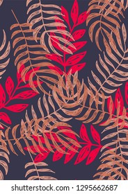 Tropical seamless pattern with leaves. Beautiful tropical isolated leaves. Fashionable summer background with leaves for fabric, wallpaper, paper, covers.