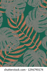 Tropical seamless pattern with leaves. Beautiful tropical isolated leaves. Fashionable summer background with leaves for fabric, wallpaper, paper, covers.