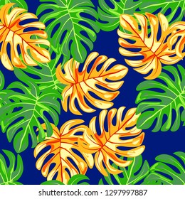 Tropical seamless pattern with leaves. Beautiful tropical isolated leaves. Fashionable summer background with leaves for fabric, wallpaper, paper, covers.
