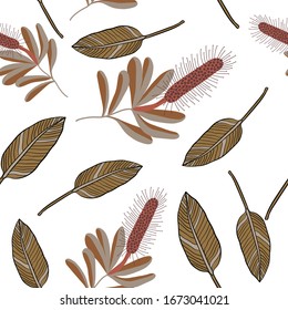 Tropical seamless pattern with leaves. Beautiful tropical isolated leaves. Fashionable summer background with leaves for fabric, wallpaper, paper, covers.