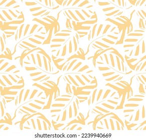 Patrón tropical sin costuras con hojas. Hermosas hojas tropicales aisladas. Fondo amarillo veraniego de moda con hojas para tela, papel pintado, papel, cubiertas.