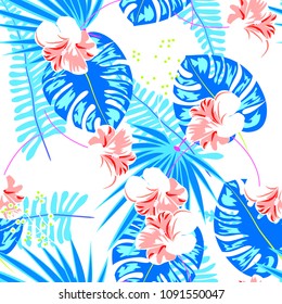 Tropical seamless pattern with leaves of blue and flowers. Background with hibiscus, palm. Jungle.