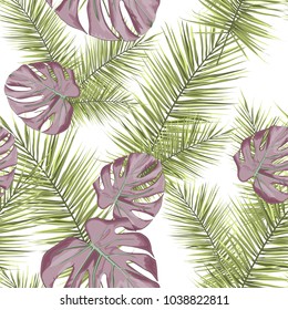 Tropical seamless pattern with leaves and branches isolated on white background. Illustration for design wedding invitations, greeting cards, postcards with space for your text. Vector background.