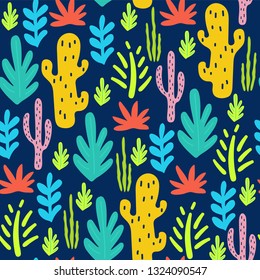 Tropical seamless pattern with leaves and cactuses. Vector illustration