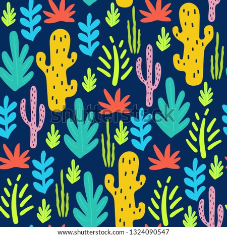 Tropical seamless pattern with leaves and cactuses. Vector illustration