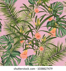 Tropical seamless pattern with leaves and flowers isolated on pink background. Illustration for design wedding invitations, greeting cards, postcards with space for your text. Vector background.