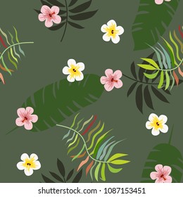 Tropical seamless pattern with leaves and flowers. Summer tropical background. Tropical pattern for fabric and covers.