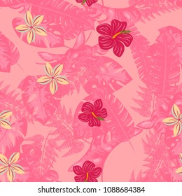 Tropical seamless pattern with leaves and flowers. Moonstera, banana leaves, hibiscus.