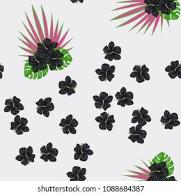 Tropical seamless pattern with leaves and flowers. Moonstera, banana leaves, hibiscus.
