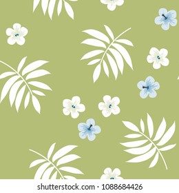 Tropical seamless pattern with leaves and flowers. Moonstera, banana leaves, hibiscus.