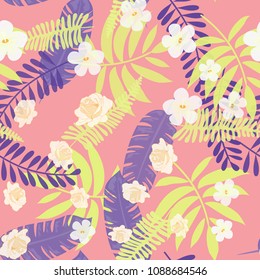 Tropical seamless pattern with leaves and flowers. Moonstera, banana leaves, hibiscus.