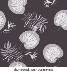 Tropical seamless pattern with leaves and flowers. Moonstera, banana leaves, hibiscus.