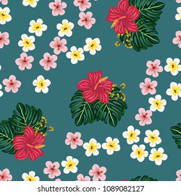 Tropical seamless pattern with leaves and flowers. Pattern with flowers. Hibiscus, monstera, palm.