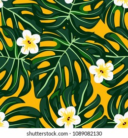 Tropical seamless pattern with leaves and flowers. Pattern with flowers. Hibiscus, monstera, palm.