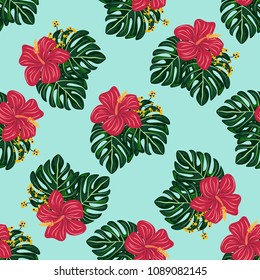 Tropical seamless pattern with leaves and flowers. Pattern with flowers. Hibiscus, monstera, palm.