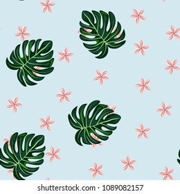 Tropical seamless pattern with leaves and flowers. Pattern with flowers.