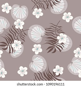 Tropical seamless pattern with leaves and flowers on a brown background