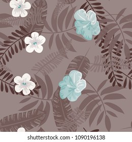 Tropical seamless pattern with leaves and flowers on a brown background