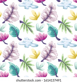 Tropical seamless pattern with leaves and flowers