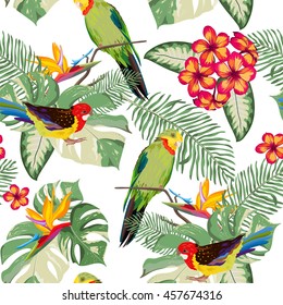 Tropical seamless pattern. Leaves, flowers and parrots. Beautiful background with exotic nature. Vector illustration.