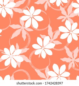 Tropical seamless pattern with leaves and hand drawn circles on orange background. Vector illustration of summer. Monochrome wallpaper. For web design, banners, printing on fabric, wrapping paper.