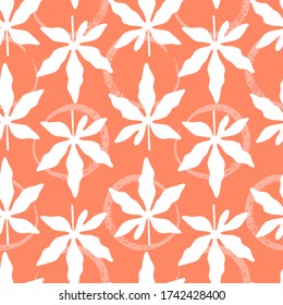 Tropical seamless pattern with leaves and hand drawn circles. Vector illustration of summer on orange background. Monochrome exotic wallpaper. For web, banners, printing on fabric, wrapping paper.