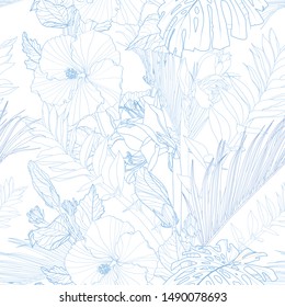Tropical seamless pattern with  leaves and  hibiscus flowers. Flat jungle line print. Floral background.	
