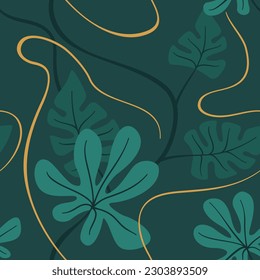 Tropical seamless pattern with leaves and liana. Modern background in forest green and golden color