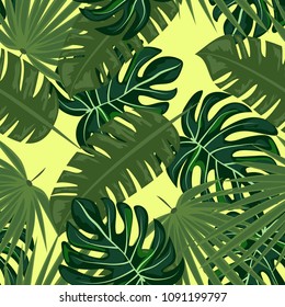 Tropical seamless pattern with leaves. Monstera and palm leaves. Green tropical leaves.