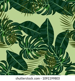 Tropical seamless pattern with leaves. Monstera and palm leaves. Green tropical leaves.
