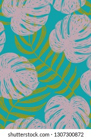 Tropical seamless pattern with leaves. Leaves of Monstera, banana and palm.