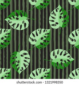 Tropical seamless pattern, leaves of monstera and tree trunks, floral vector ornament.