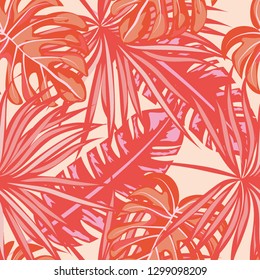 Tropical seamless pattern with leaves. Leaves of Montrera, banana and palm.
