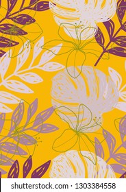 Tropical seamless pattern with leaves. Leaves of Montrera, banana and palm.