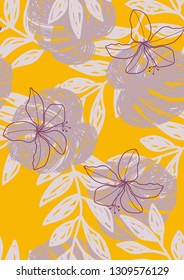 Tropical seamless pattern with leaves. Leaves of Montrera, banana and palm.