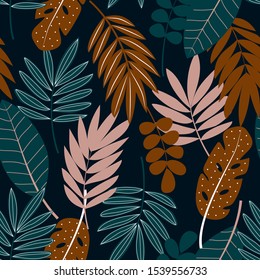 Tropical seamless pattern with leaves on dark background. Floral seamless vector tropical pattern background with exotic leaves, jungle leaf. Vector background for various surface. 