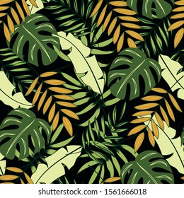 Tropical seamless pattern with tropical leaves on dark background. Illustration in Hawaiian style. Jungle leaves. Botanical pattern. Vector background for various surface. 