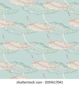 Tropical seamless pattern with leaves on blue background. Botanical foliage plants wallpaper. Exotic hawaiian backdrop. Design for fabric, textile print, wrapping, cover. Vector illustration